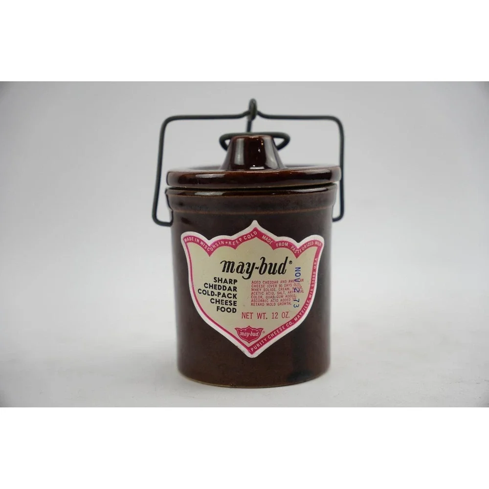 May Bud Sharp Cheddar Cold Pack Cheese Food Crock Vintage Advertising